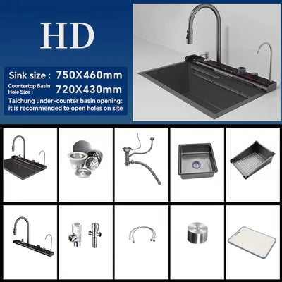 2024 Newest Design 304 Stainless Steel 30 32 Inch Waterfall Faucet Black Gold White Bionic Honeycomb Single Bowl Kitchen Sink