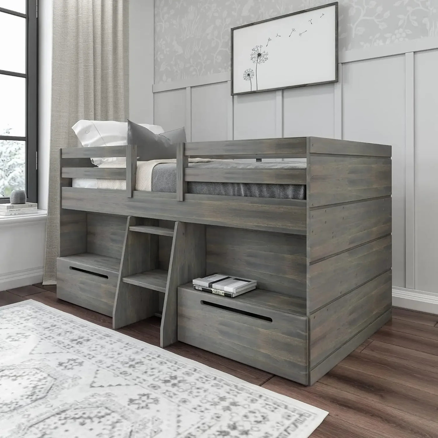 Modern Farmhouse Low Loft Bed, Twin Bed Frame for Kids with 2 Bookcases, Easy To Assembly, Bedroom Furniture Children Beds